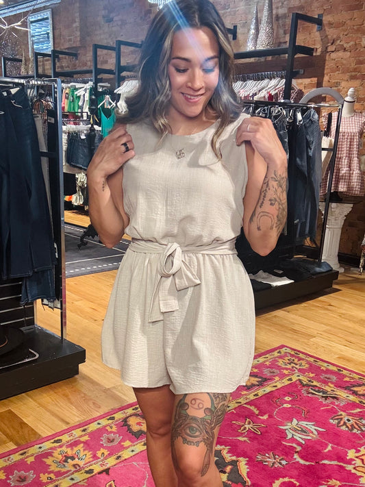 Playing Nice Linen Effect Tie Waist Sleeveless Romper
