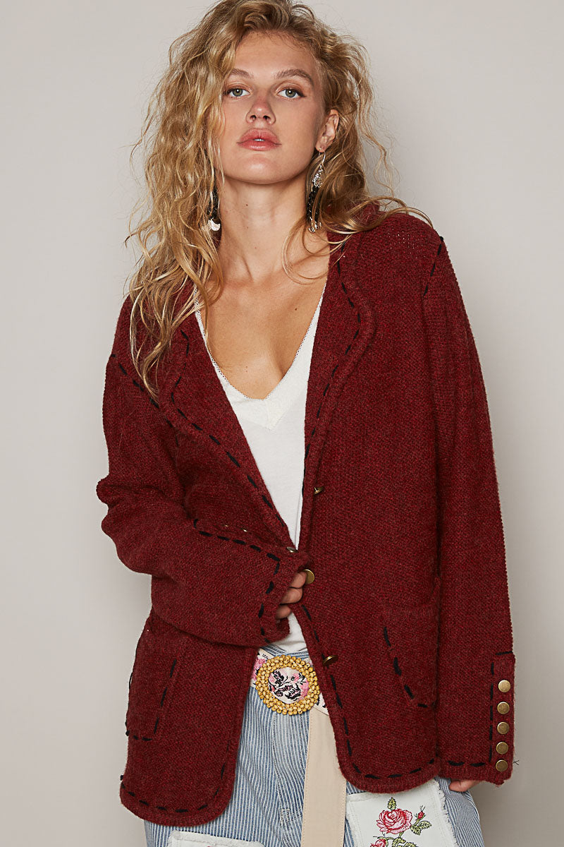 Blood Red Sweater Blazer with Buttons 