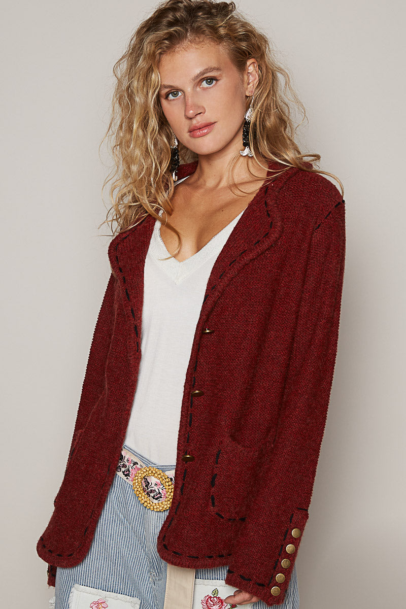 Blood Red Sweater Blazer with Buttons 