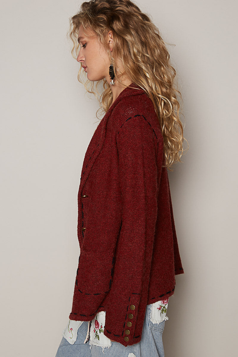 Blood Red Sweater Blazer with Buttons 