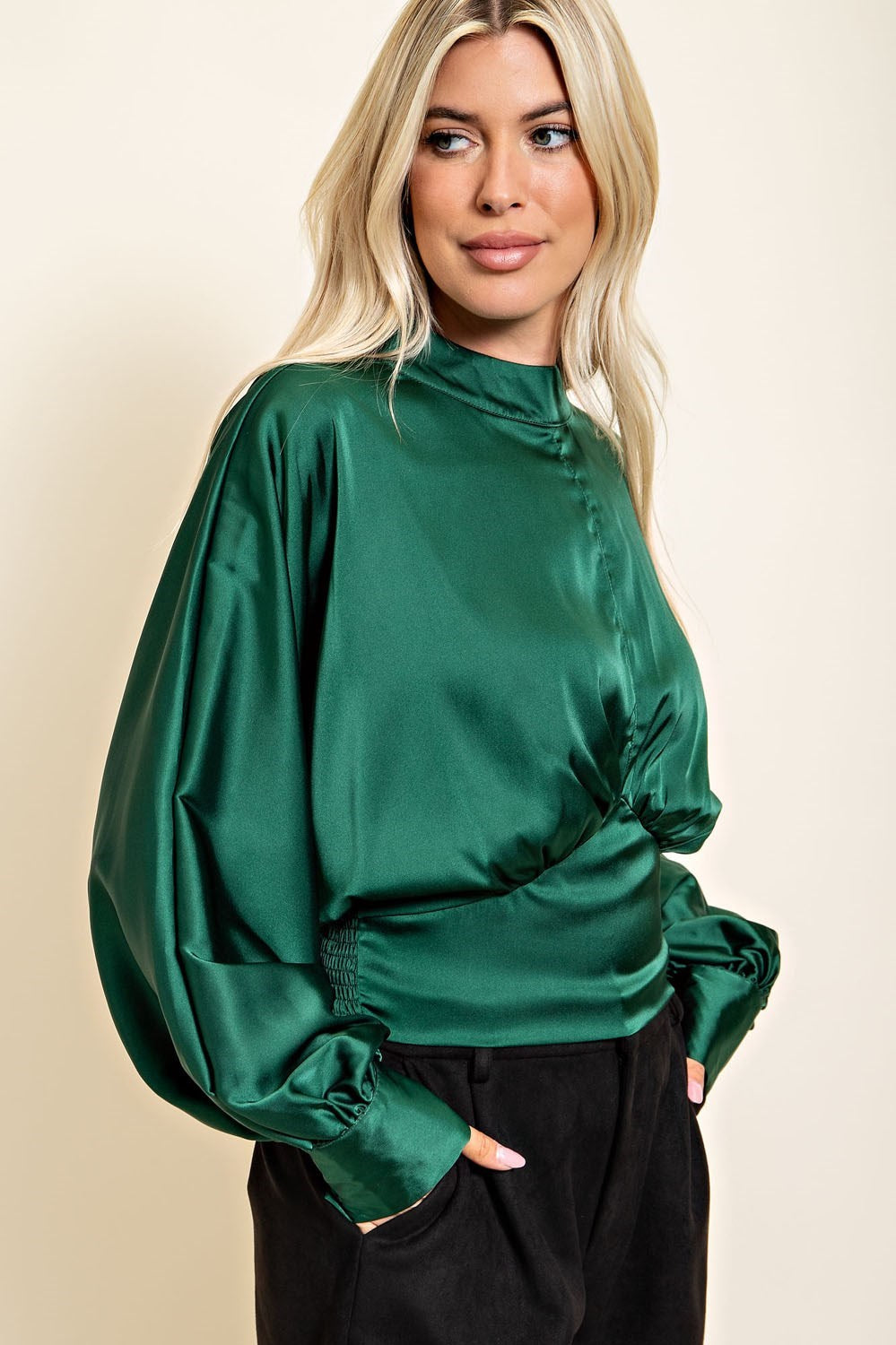 Hunter Green High Collar Balloon Sleeve Top with Button Closure in the Back.