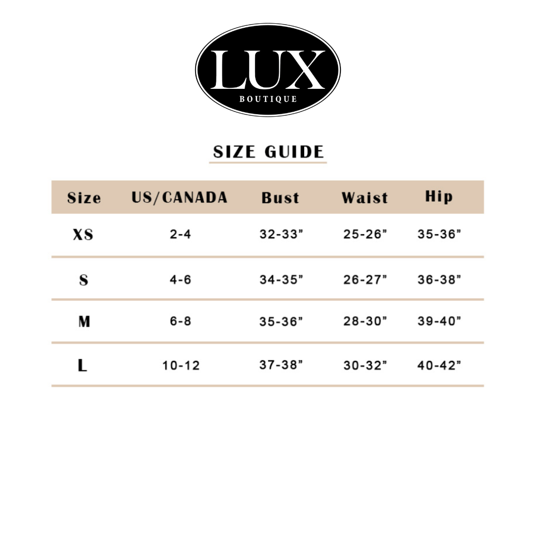 Size guide for LUX Boutique clothing with measurements in US/Canada, Bust, Waist, and Hip.
