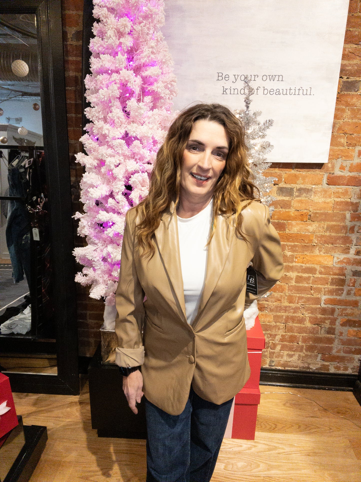 Prepared For This Camel Vegan Leather Blazer