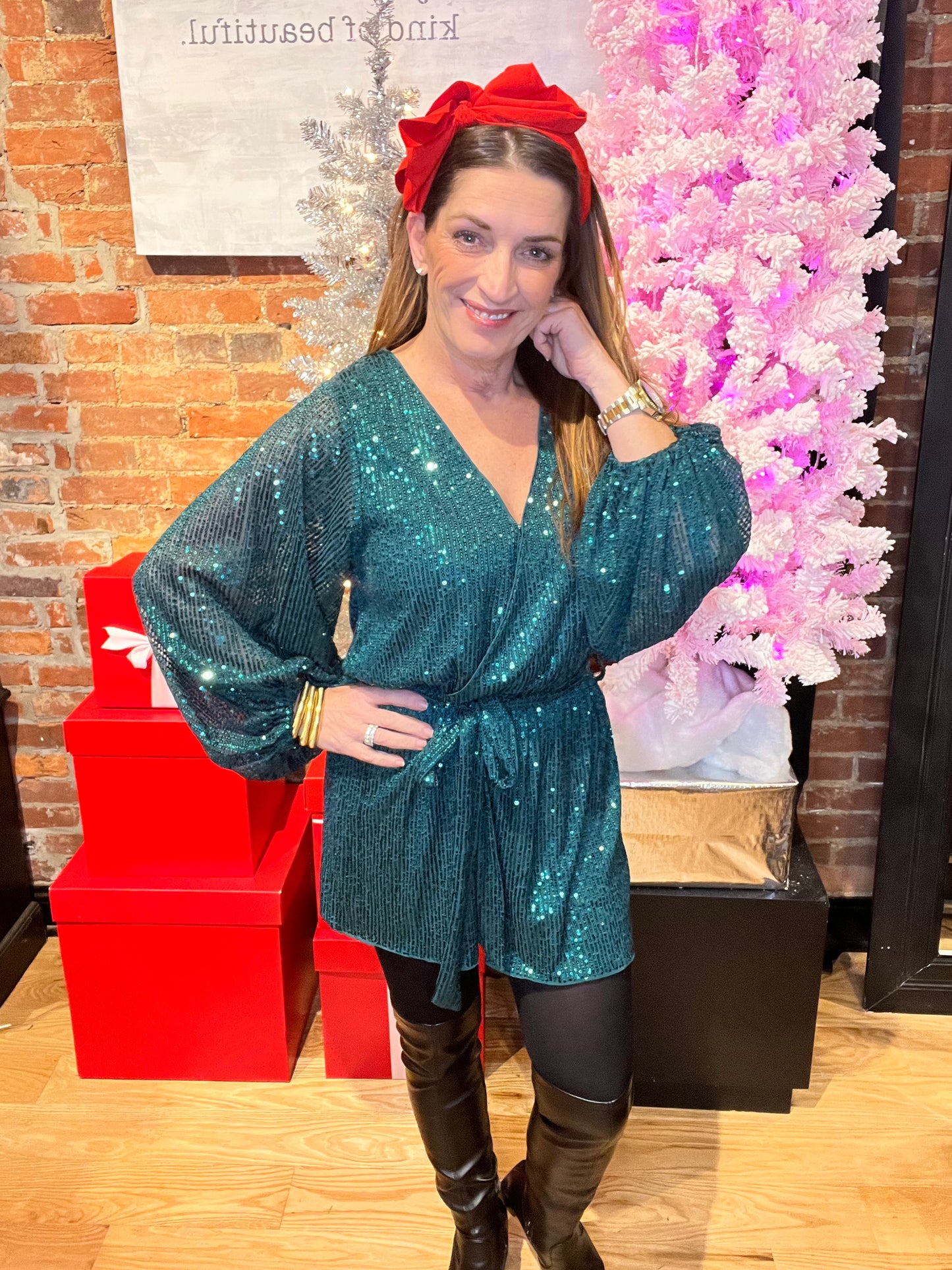 Green Sequin Long Sleeve Romper Dress with Button Front Closures