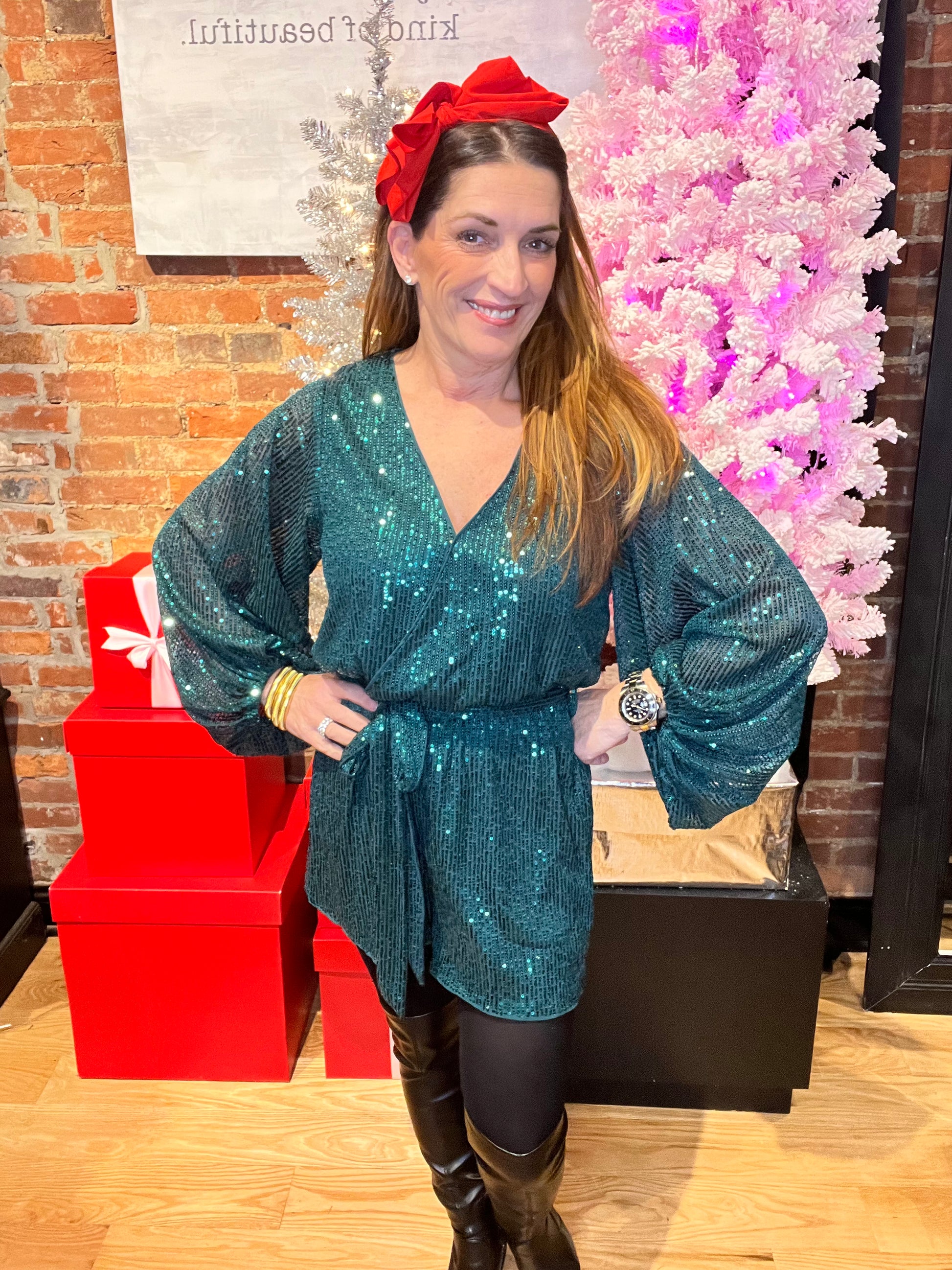 Green Sequin Long Sleeve Romper Dress with Button Front Closures