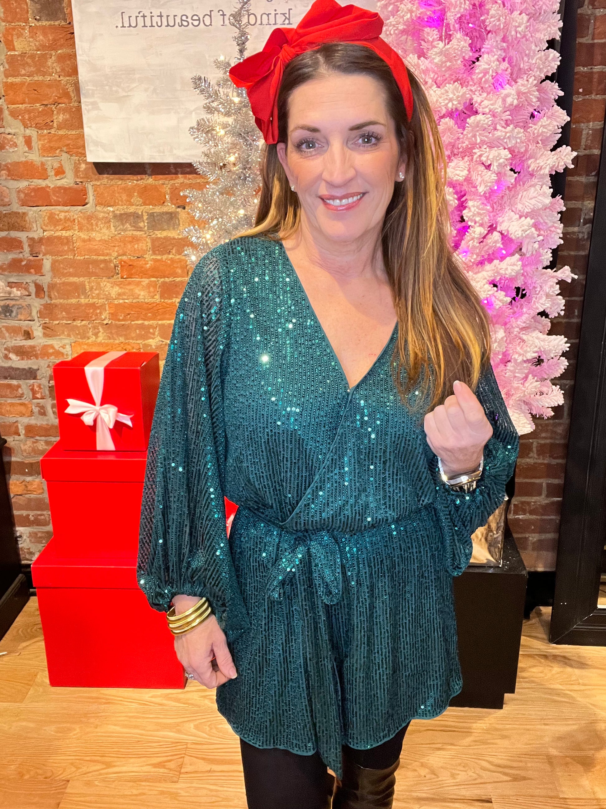 Green Sequin Long Sleeve Romper Dress with Button Front Closures