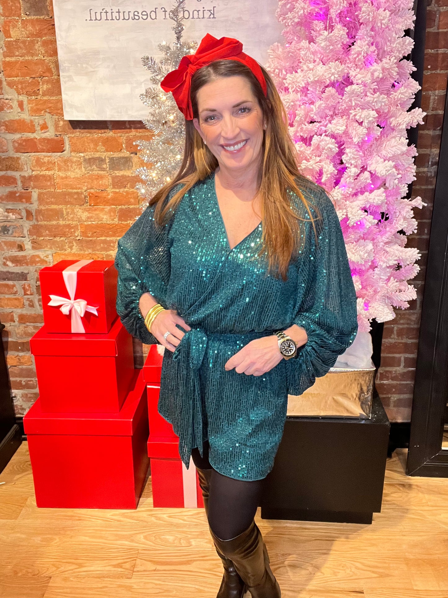 Green Sequin Long Sleeve Romper Dress with Button Front Closures