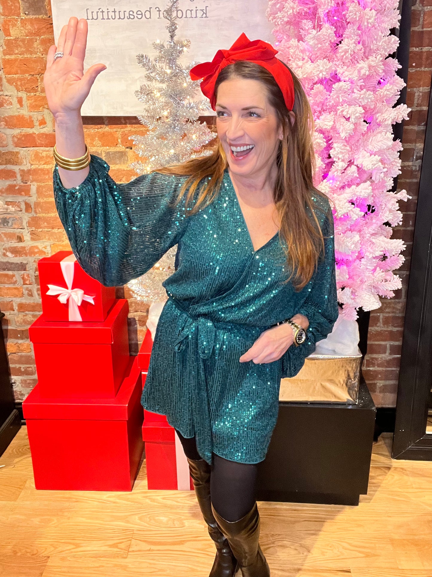 Green Sequin Long Sleeve Romper Dress with Button Front Closures