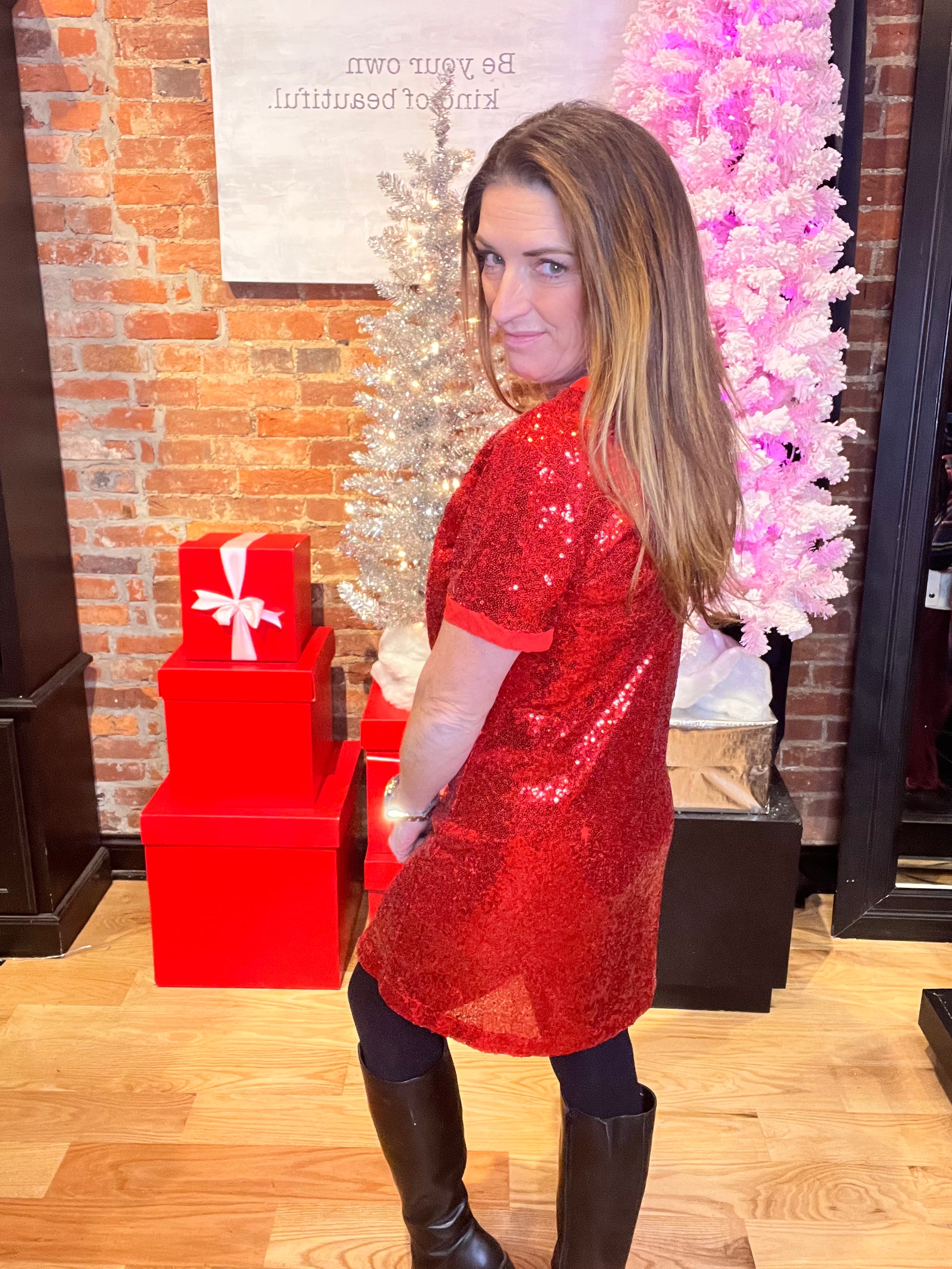 Red Sequin Mini Dress with Short Sleeves
