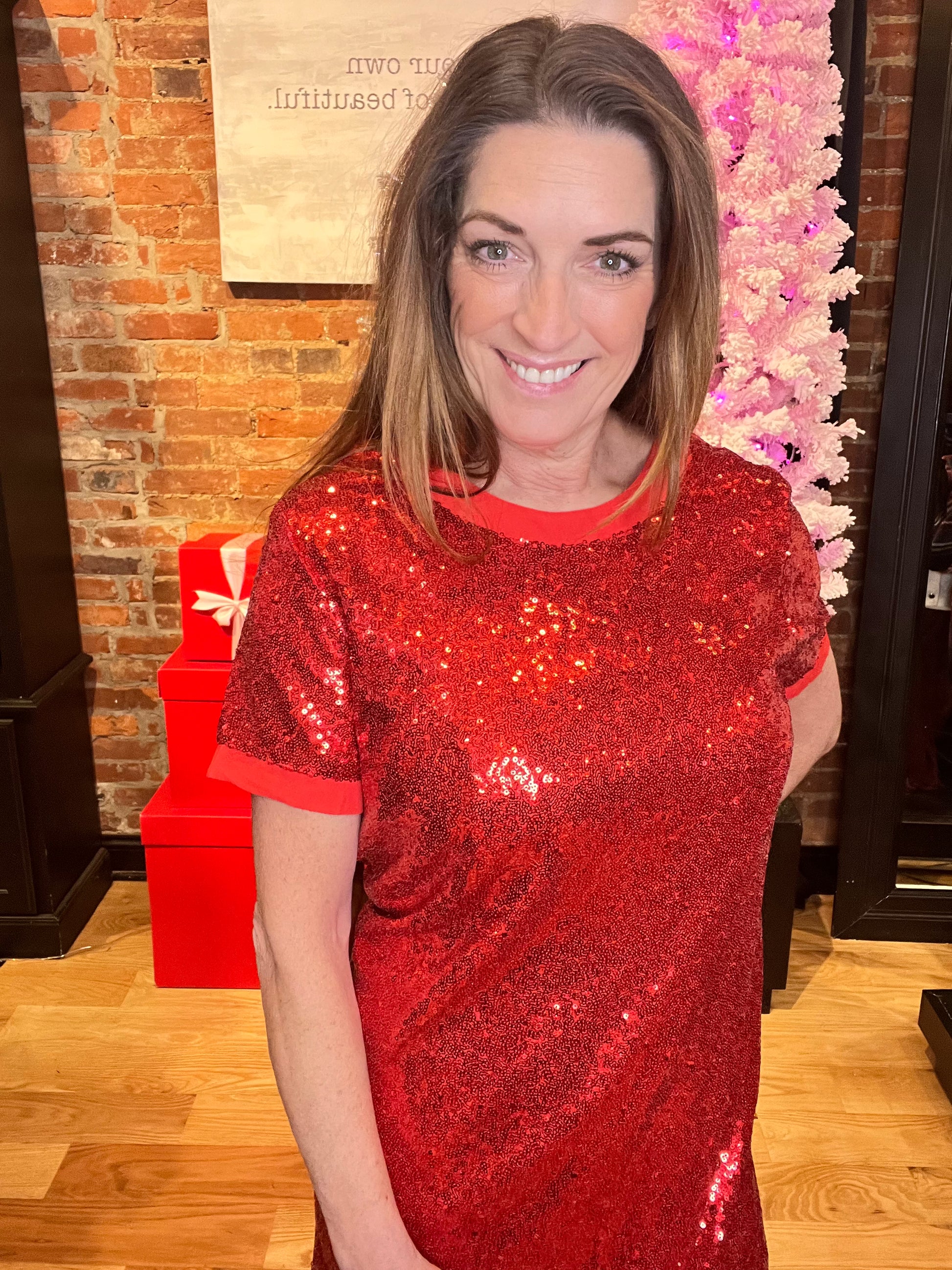 Red Sequin Mini Dress with Short Sleeves