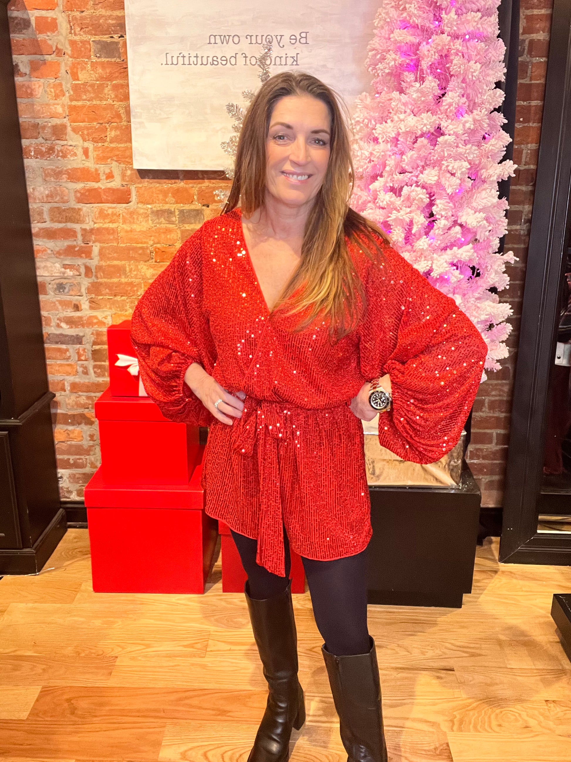 Red Sequin Long Sleeve Romper Dress with Button Front Closures