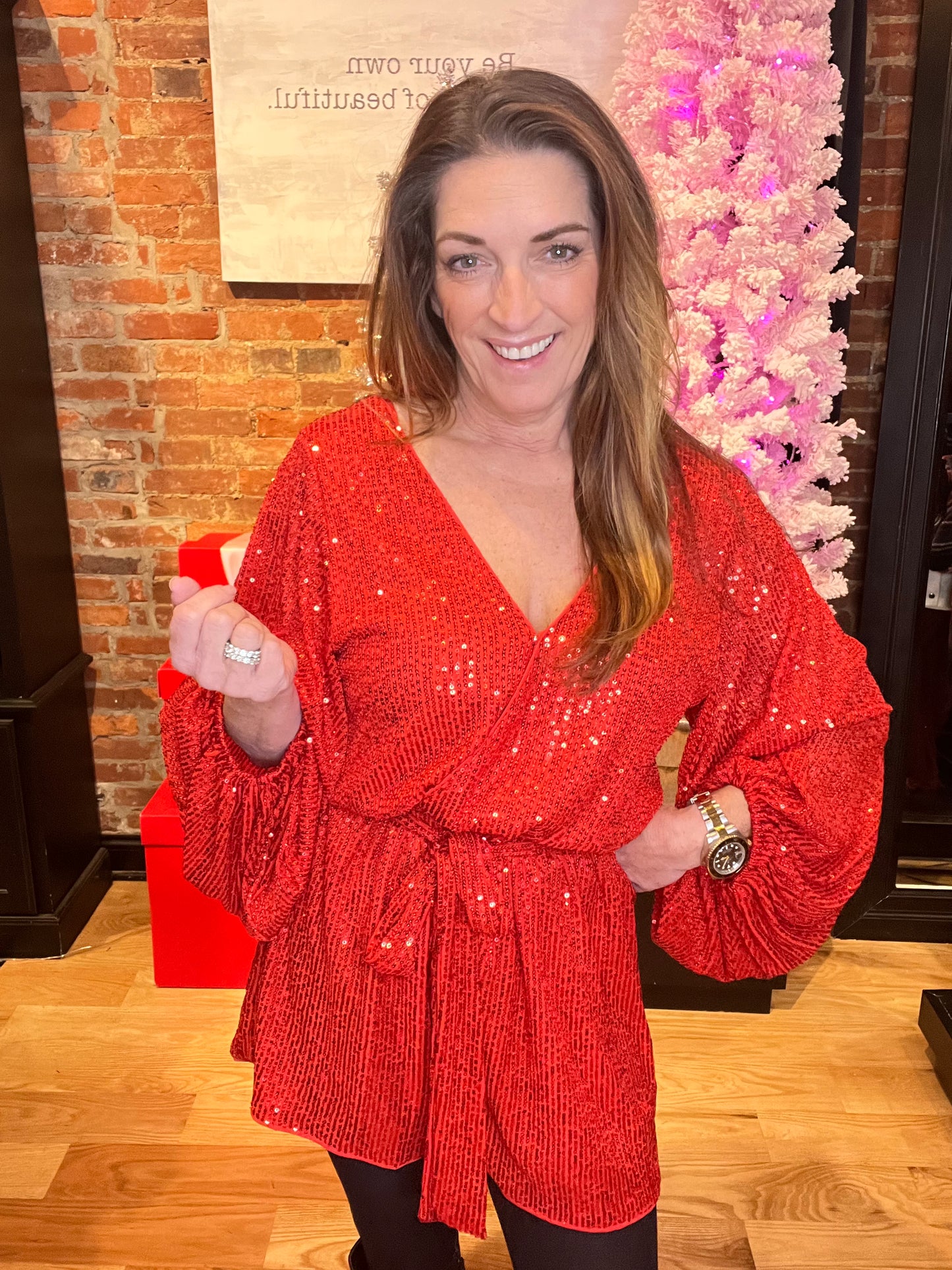 Red Sequin Long Sleeve Romper Dress with Button Front Closures