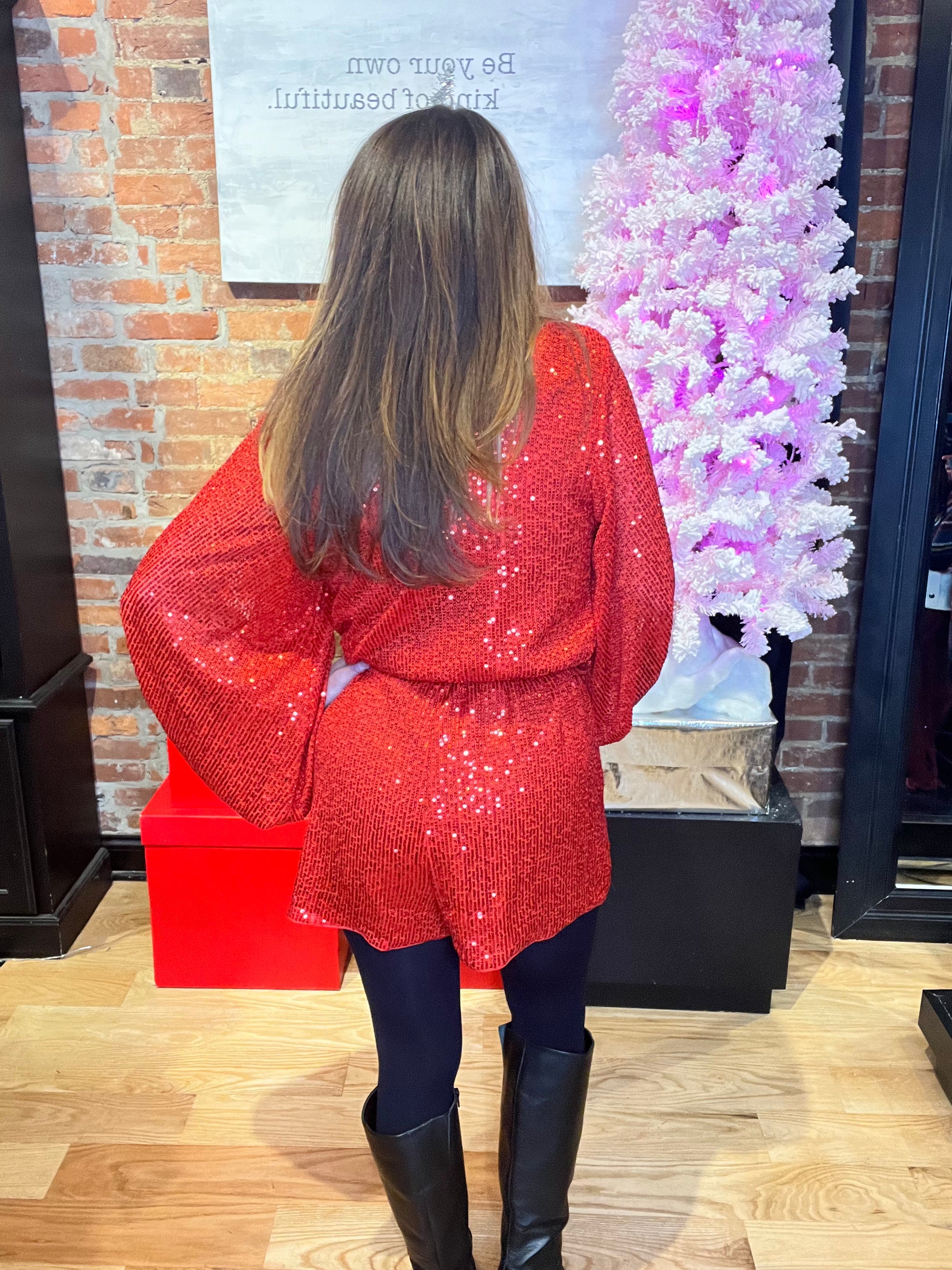 Red Sequin Long Sleeve Romper Dress with Button Front Closures