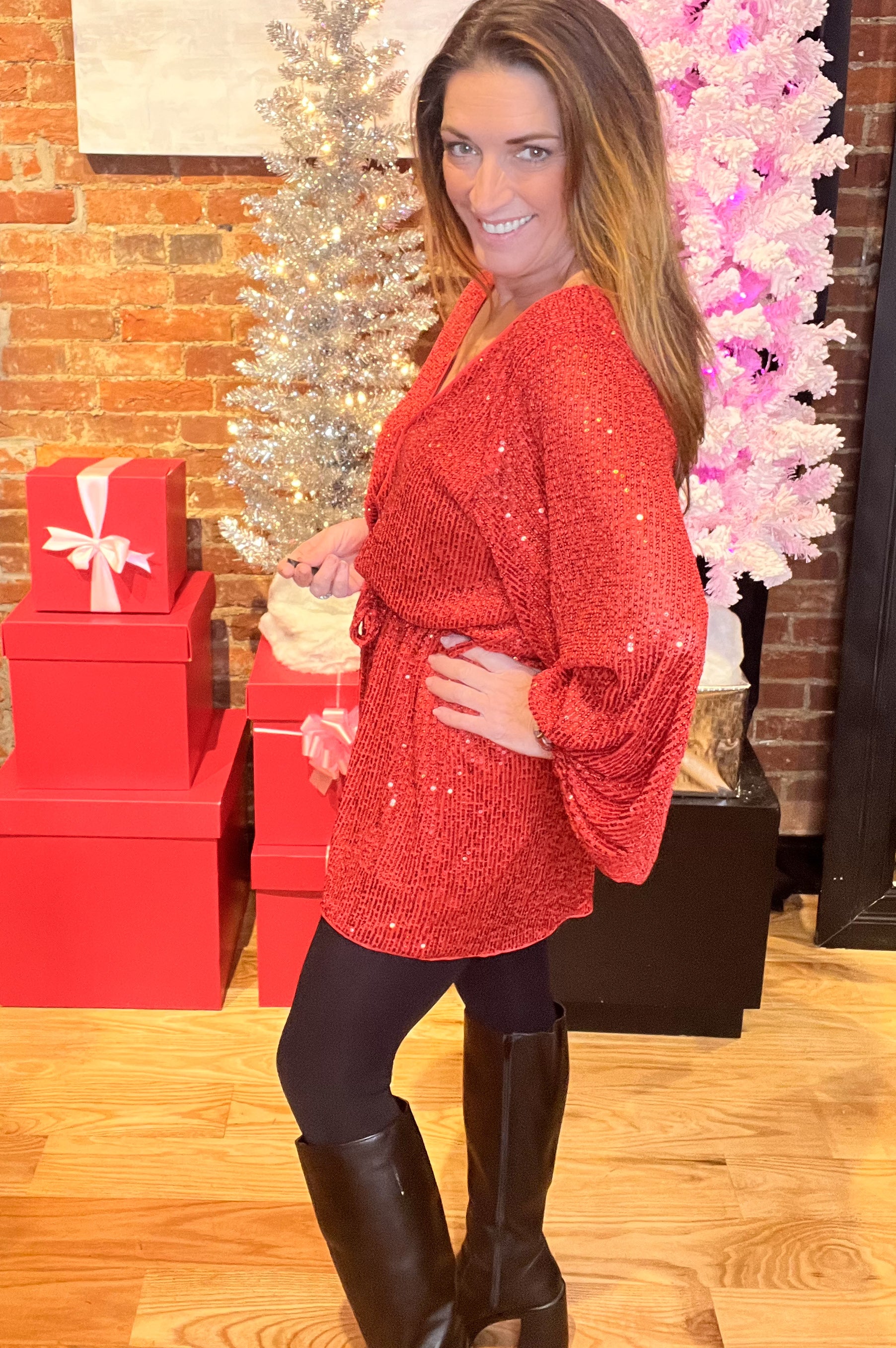 Red Sequin Long Sleeve Romper Dress with Button Front Closures