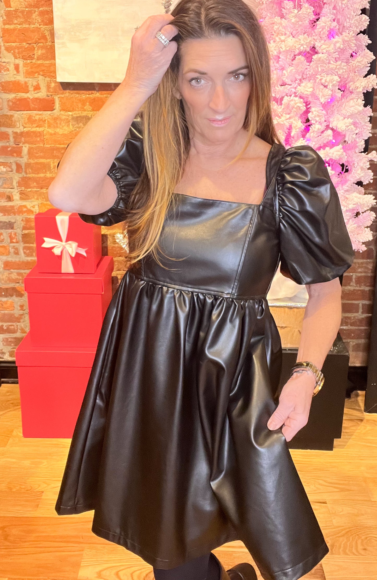Dare To Be Black Vegan Leather Babydoll Dress