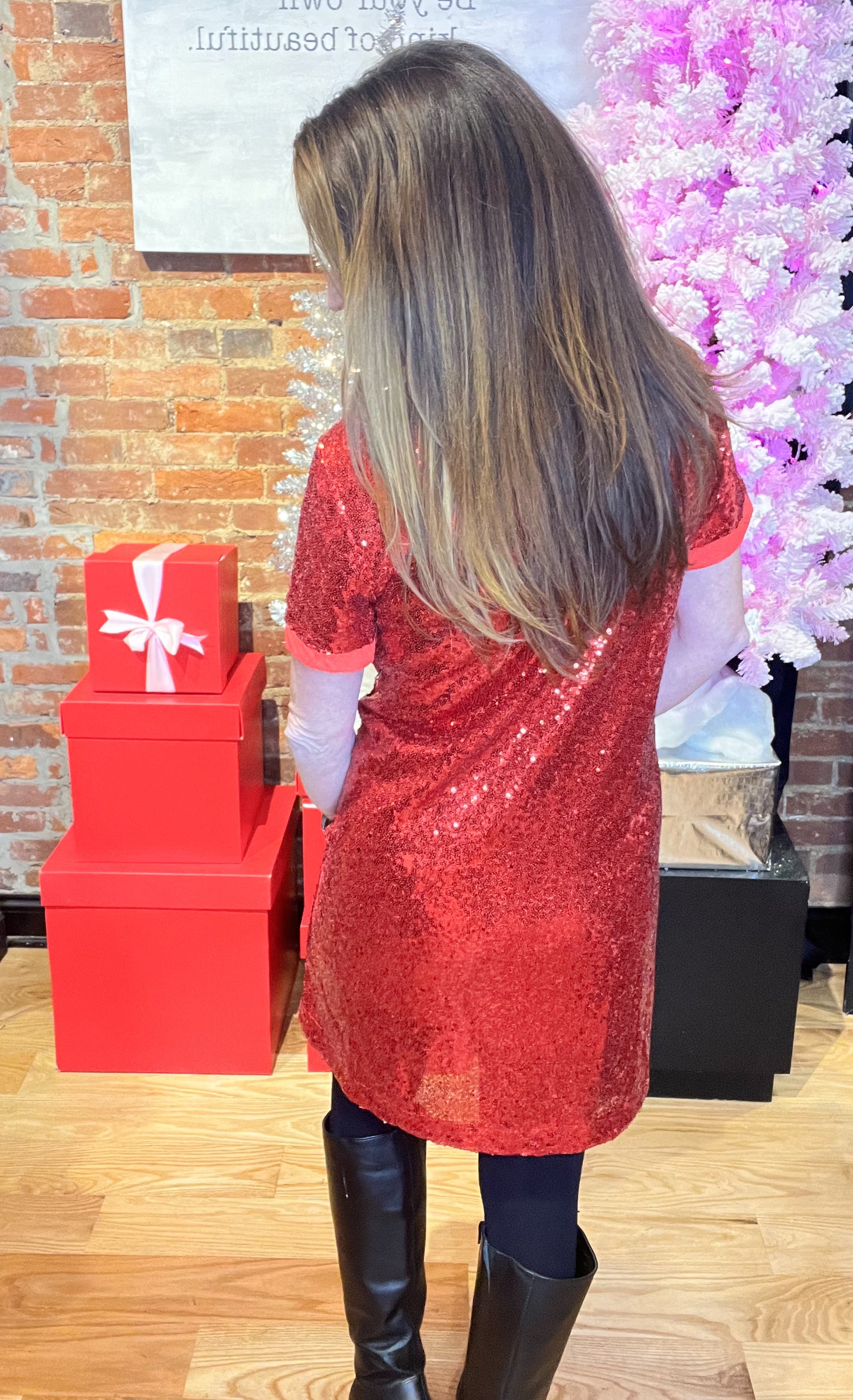 Red Sequin Mini Dress with Short Sleeves