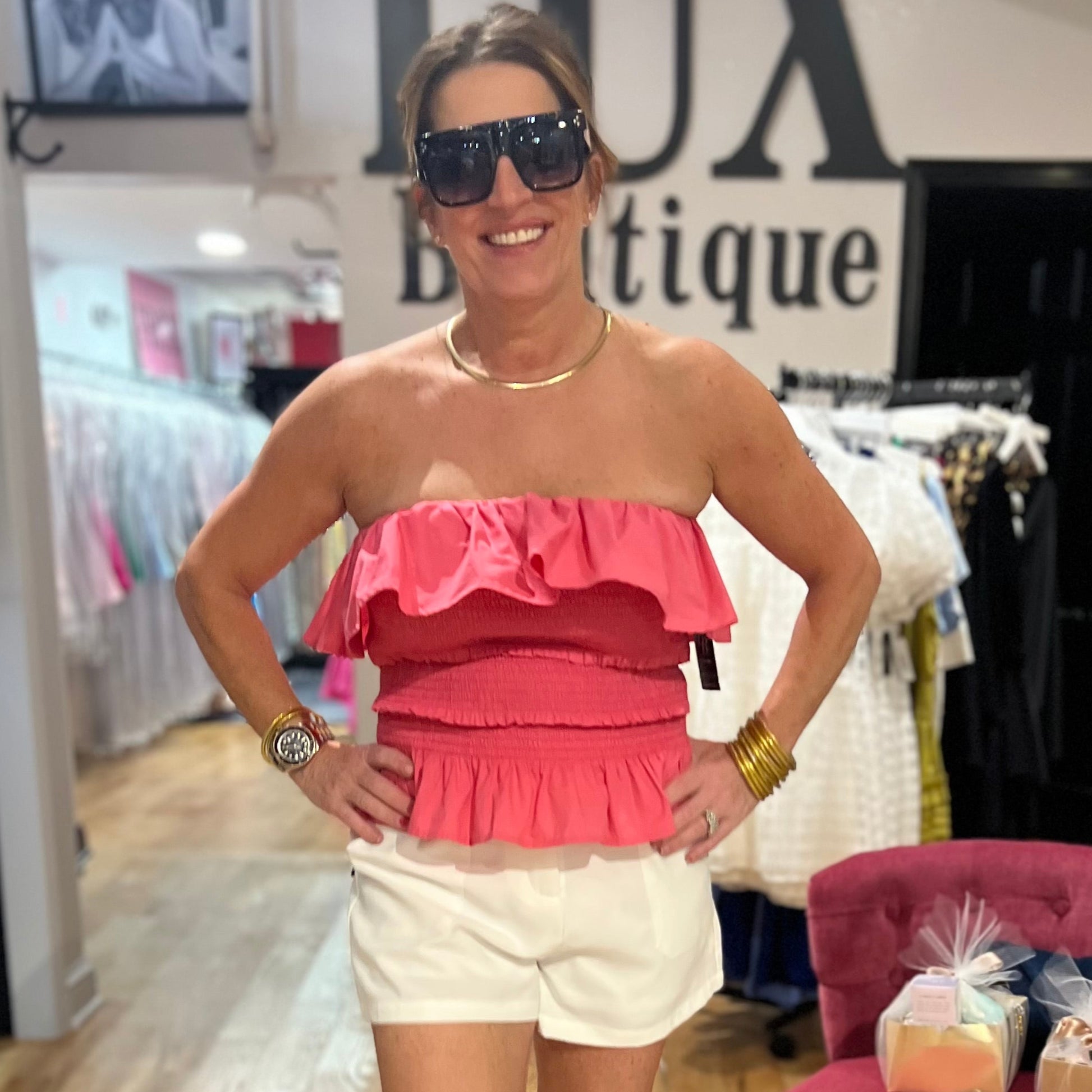 Pink Smocked Ruffle Tube Top 100% Cotton Peplum Design