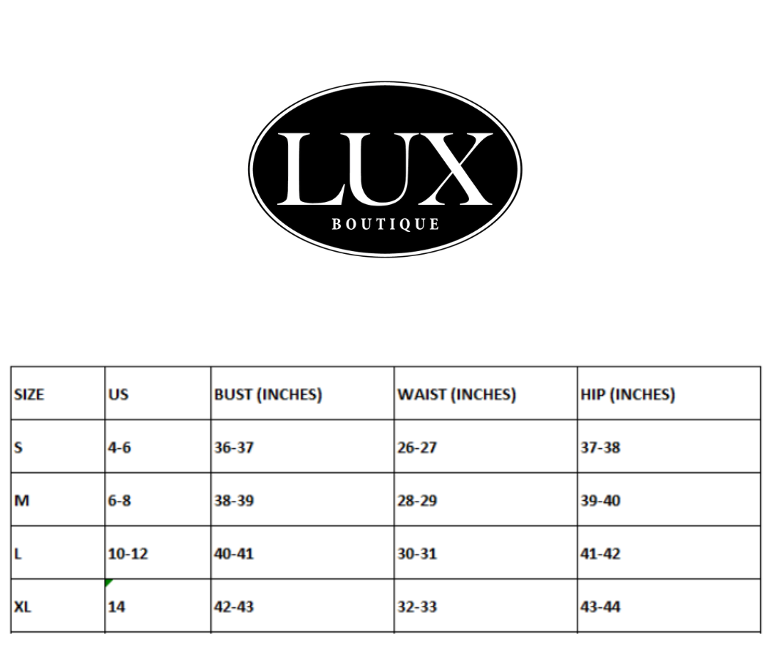 Size chart for Lux Boutique with measurements in inches.
