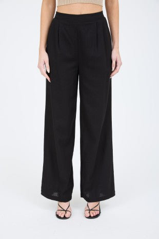 Black wide-leg pants worn by a person on a white background