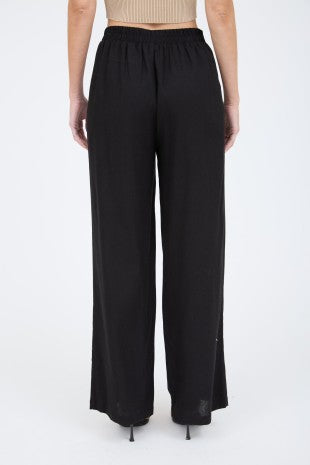 Black wide-leg pants worn by a person on a white background