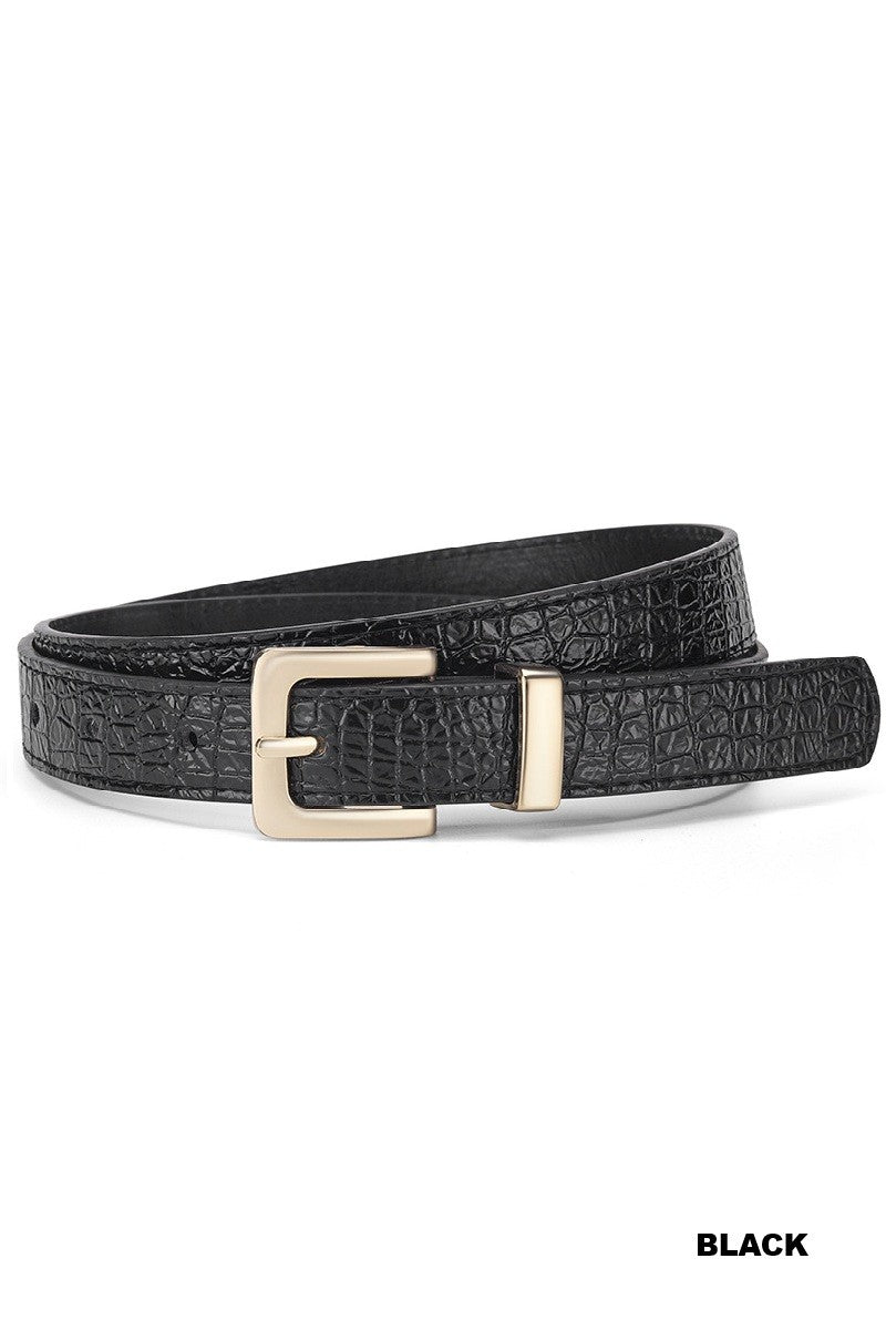 Black crocodile-patterned belt with a gold buckle on a white background