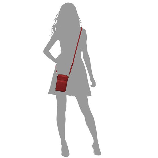 Silhouette of a person wearing a red crossbody bag on a white background