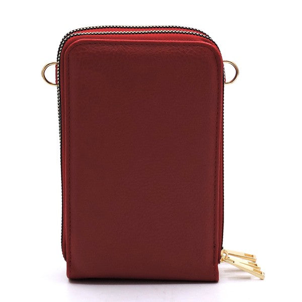 Red leather wallet with gold zipper on a white background