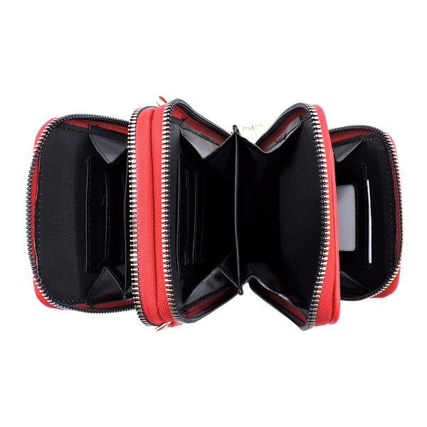 Red and black zippered case on a white background