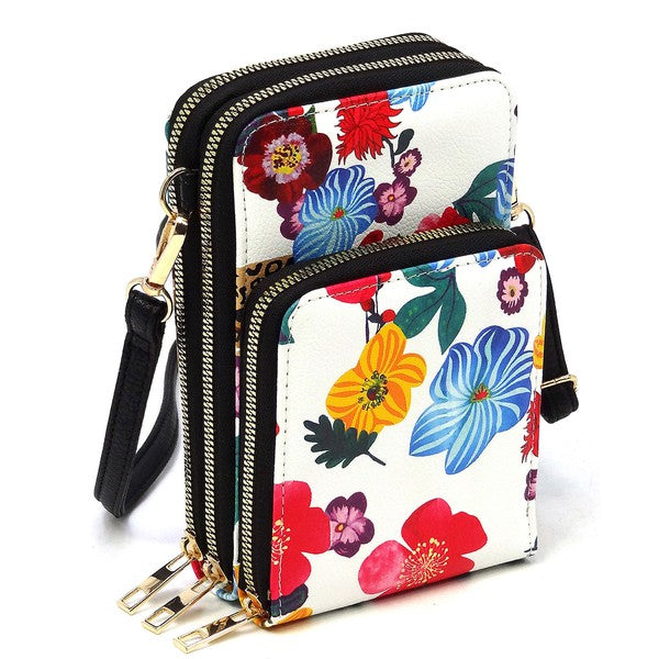 Floral patterned wallet with zippers on a white background