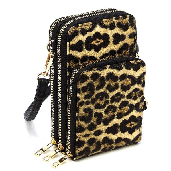 Leopard print phone case with multiple compartments on a white background