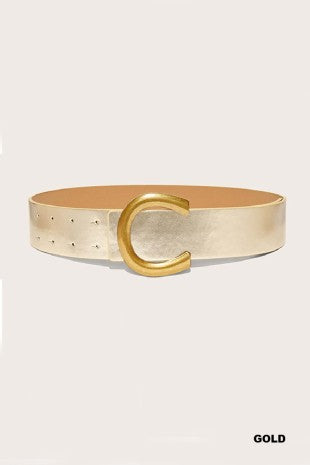 A wide metallic gold belt with a large C-shaped buckle, shown on a light beige background with the word 'GOLD' in the bottom right corner.