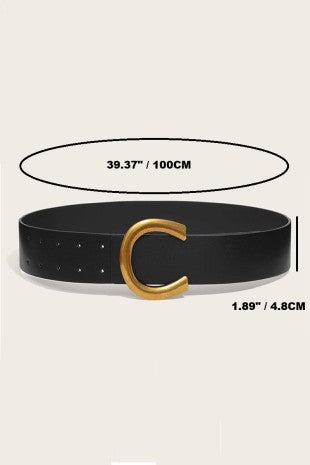 A black leather belt with a gold C-shaped buckle, shown with dimension overlays indicating a width of 1.89 inches (4.