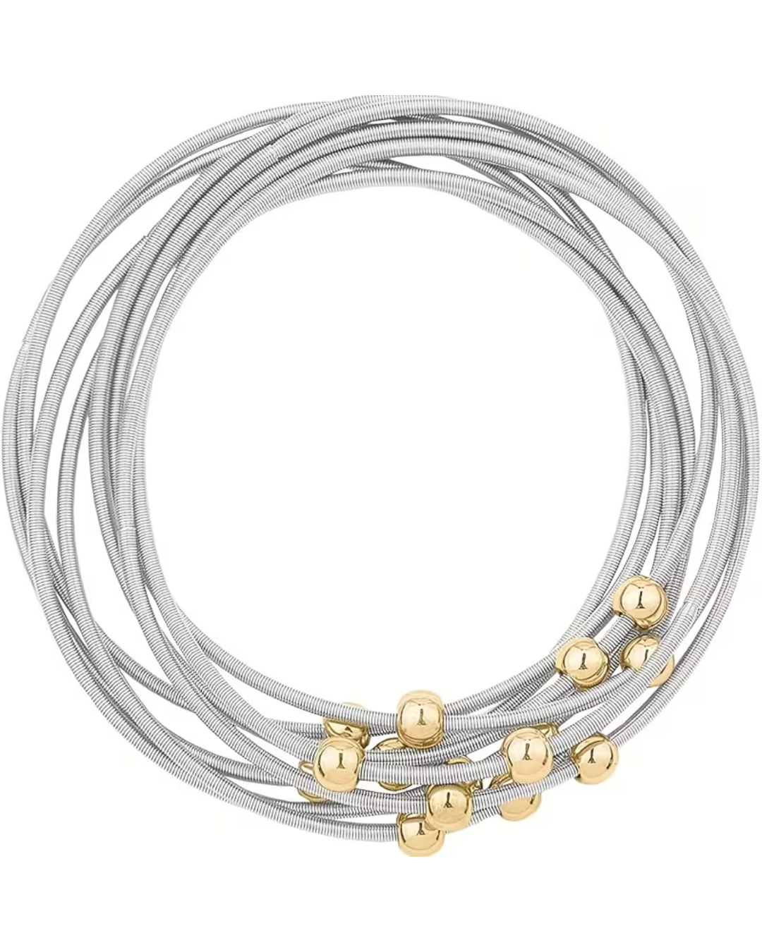 A stack of multi-layered silver wire bracelets with small polished gold ball accents, displayed on a clean white background.