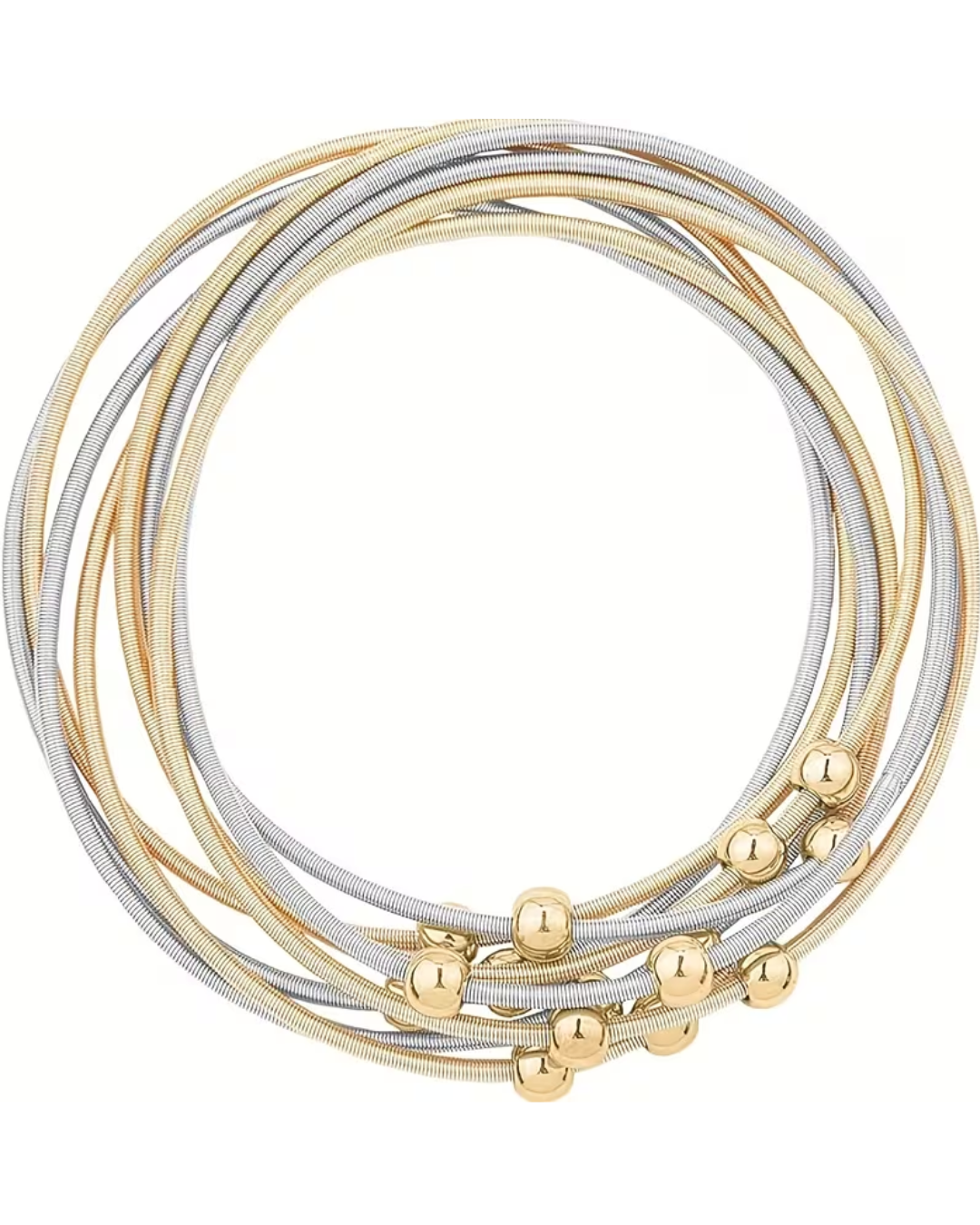 A stack of multi-layered bangle bracelets featuring a combination of gold and silver metallic bands, accented with small polished gold beads, set against a plain white background.