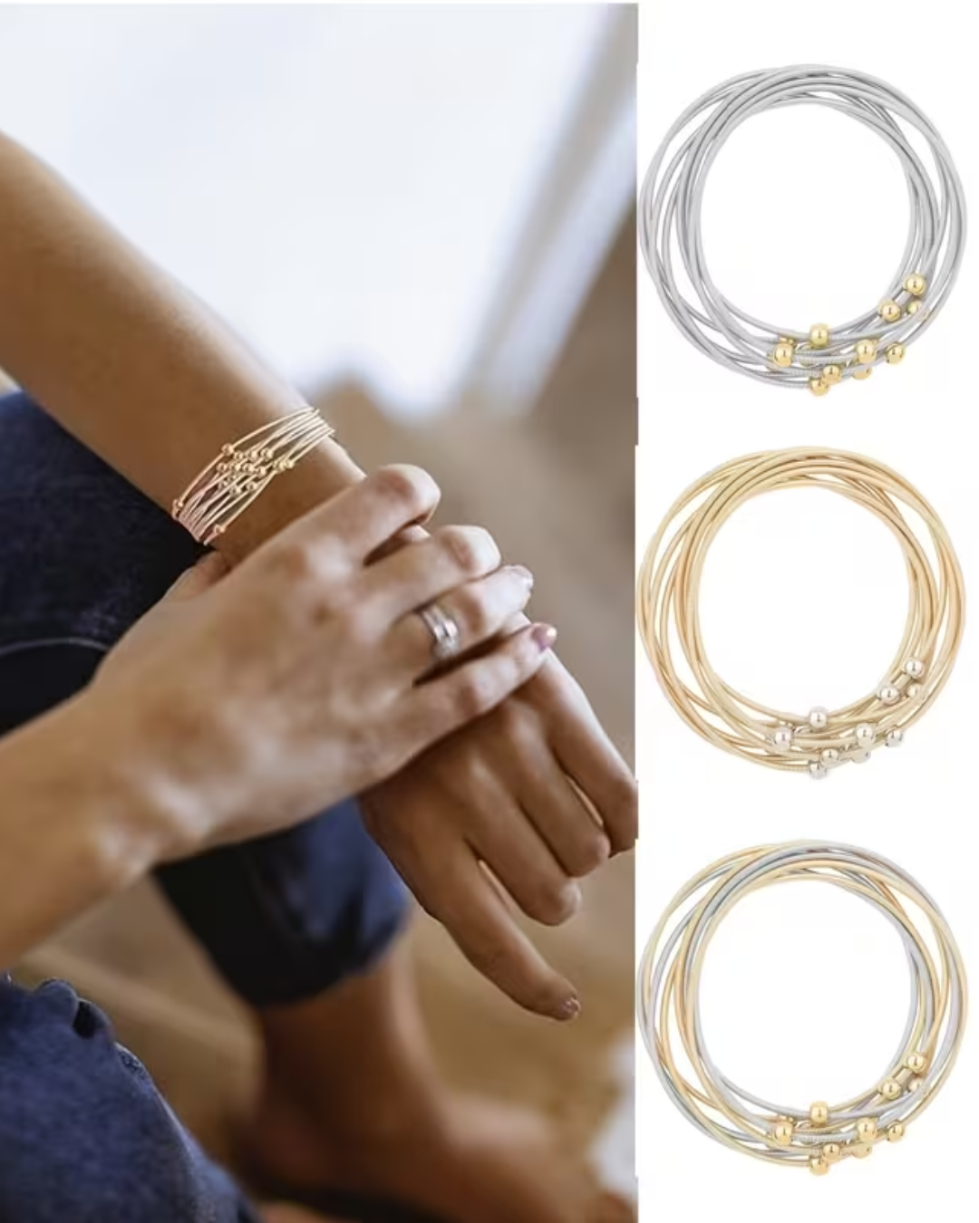A collage showing a person wearing a stack of thin gold bracelets on the wrist and hand, alongside three separate views of the same bracelet set in silver and gold on a white background.
