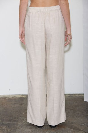 Beige wide-leg pants worn by a person on a plain background