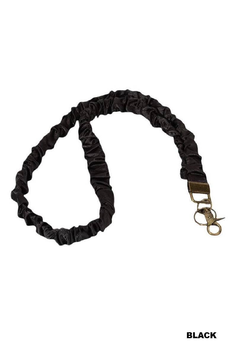 Black lanyard with a metal clip on a white background