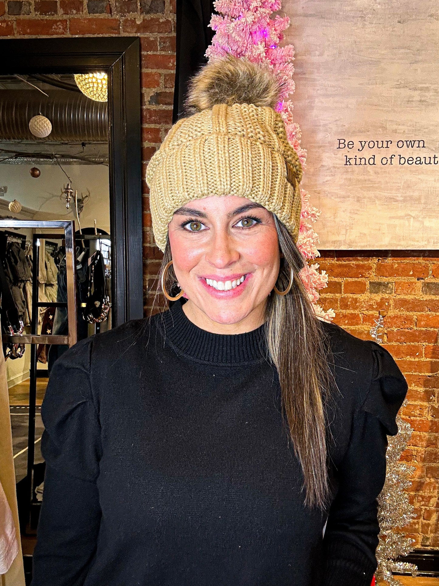 CC Brand Fleece Lined Pom Beanie Hat