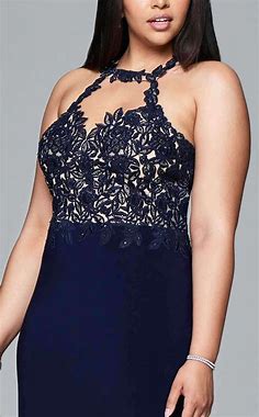 Navy Blue Long Gown with Sweetheart Boarder Neckline and Lace Detail