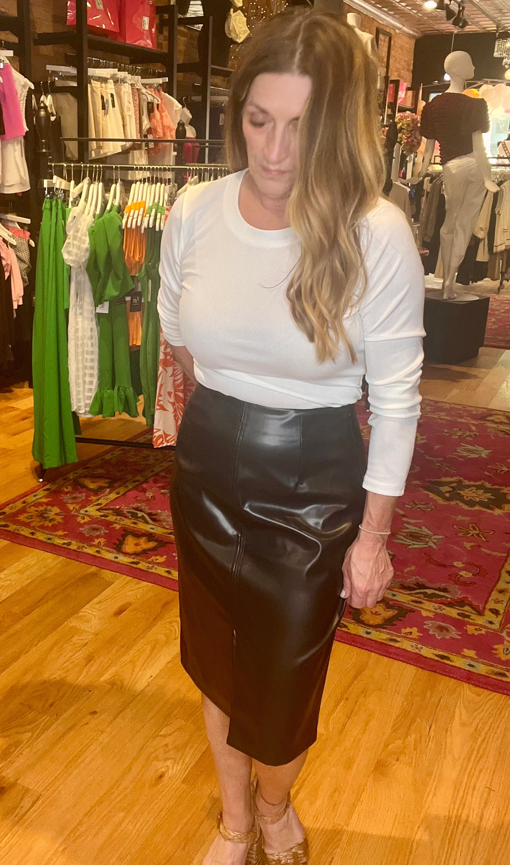 Black Faux Leather Midi Pencil Skirt