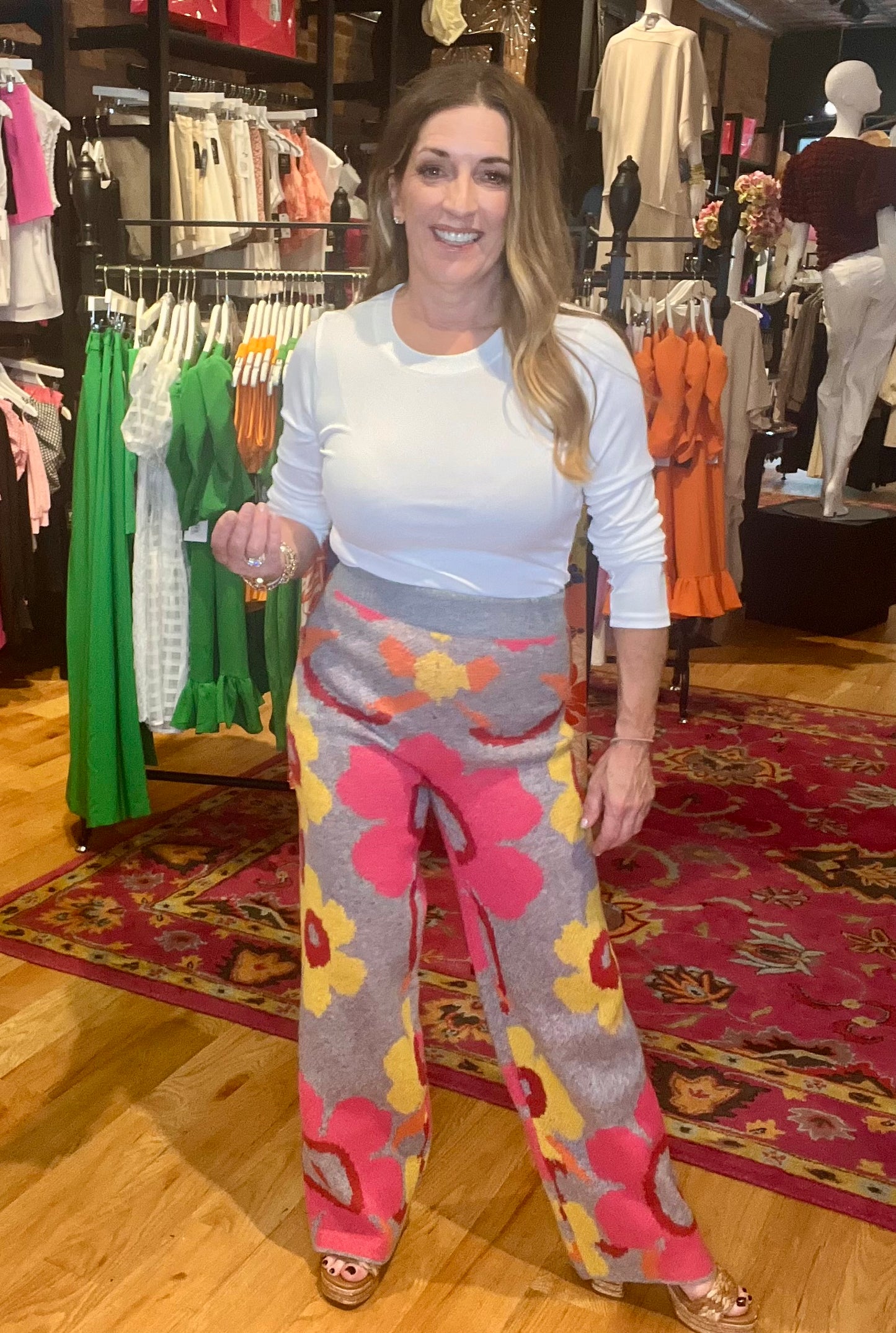 Pink and Grey Floral Print Sweater Pants