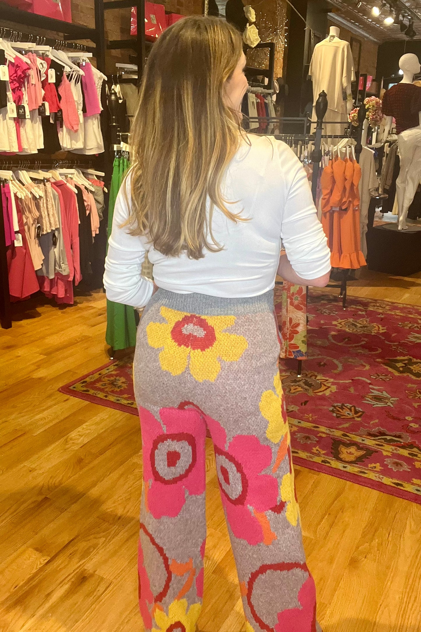 Pink and Grey Floral Print Sweater Pants