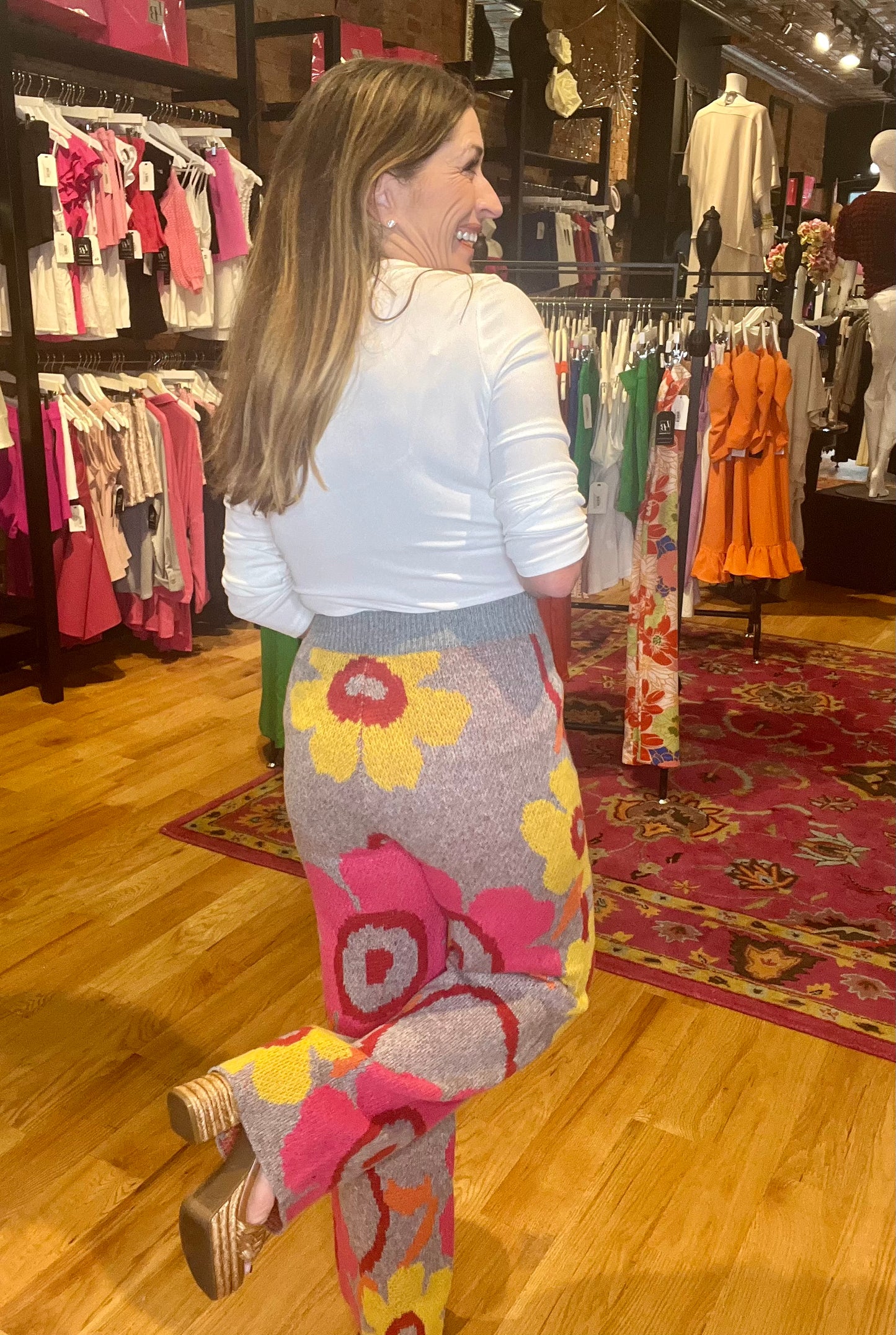 Pink and Grey Floral Print Sweater Pants