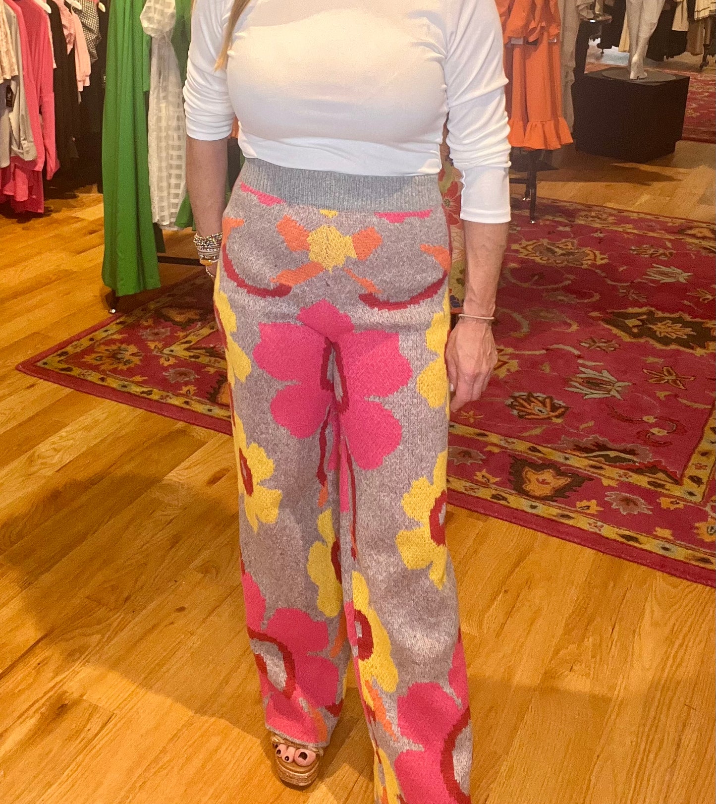 Pink and Grey Floral Print Sweater Pants