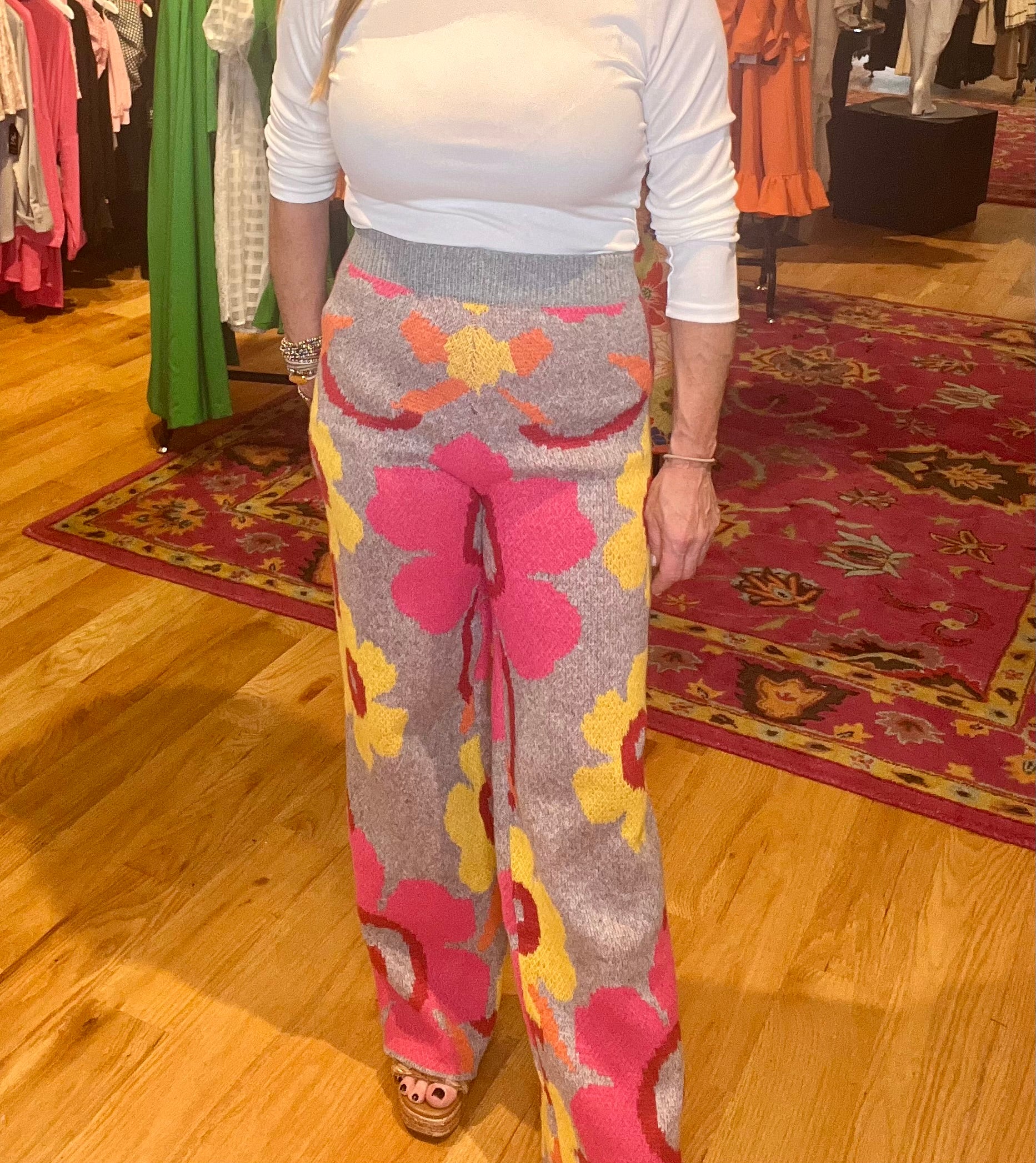 Pink and Grey Floral Print Sweater Pants