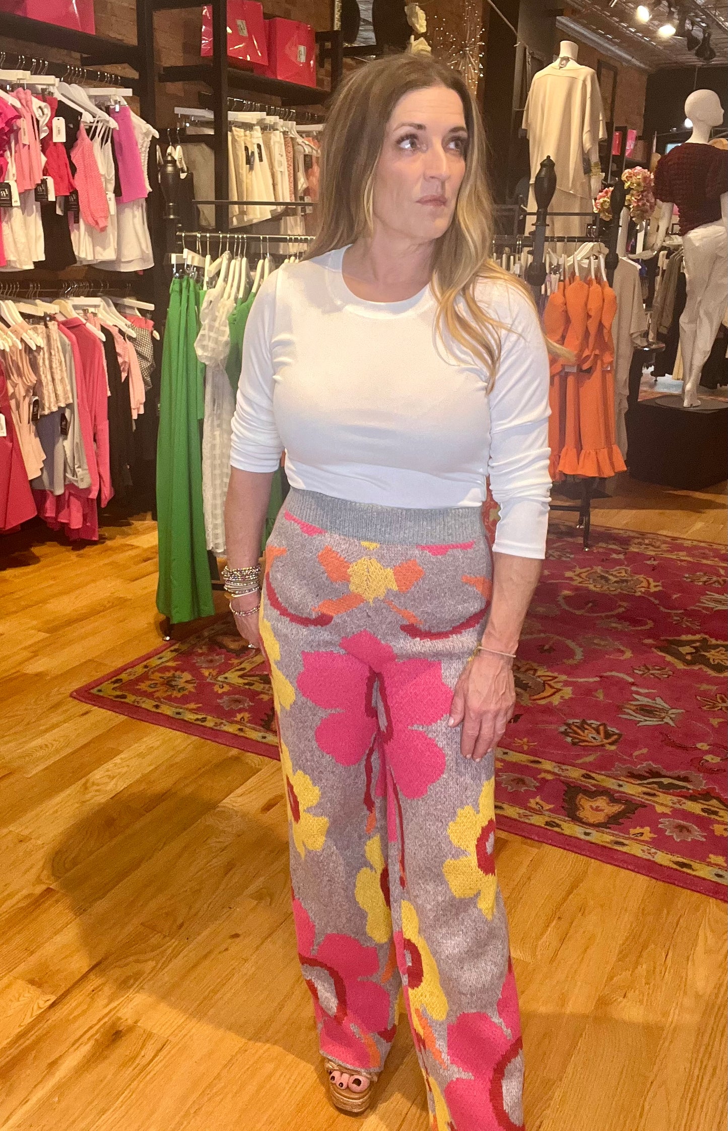 Pink and Grey Floral Print Sweater Pants