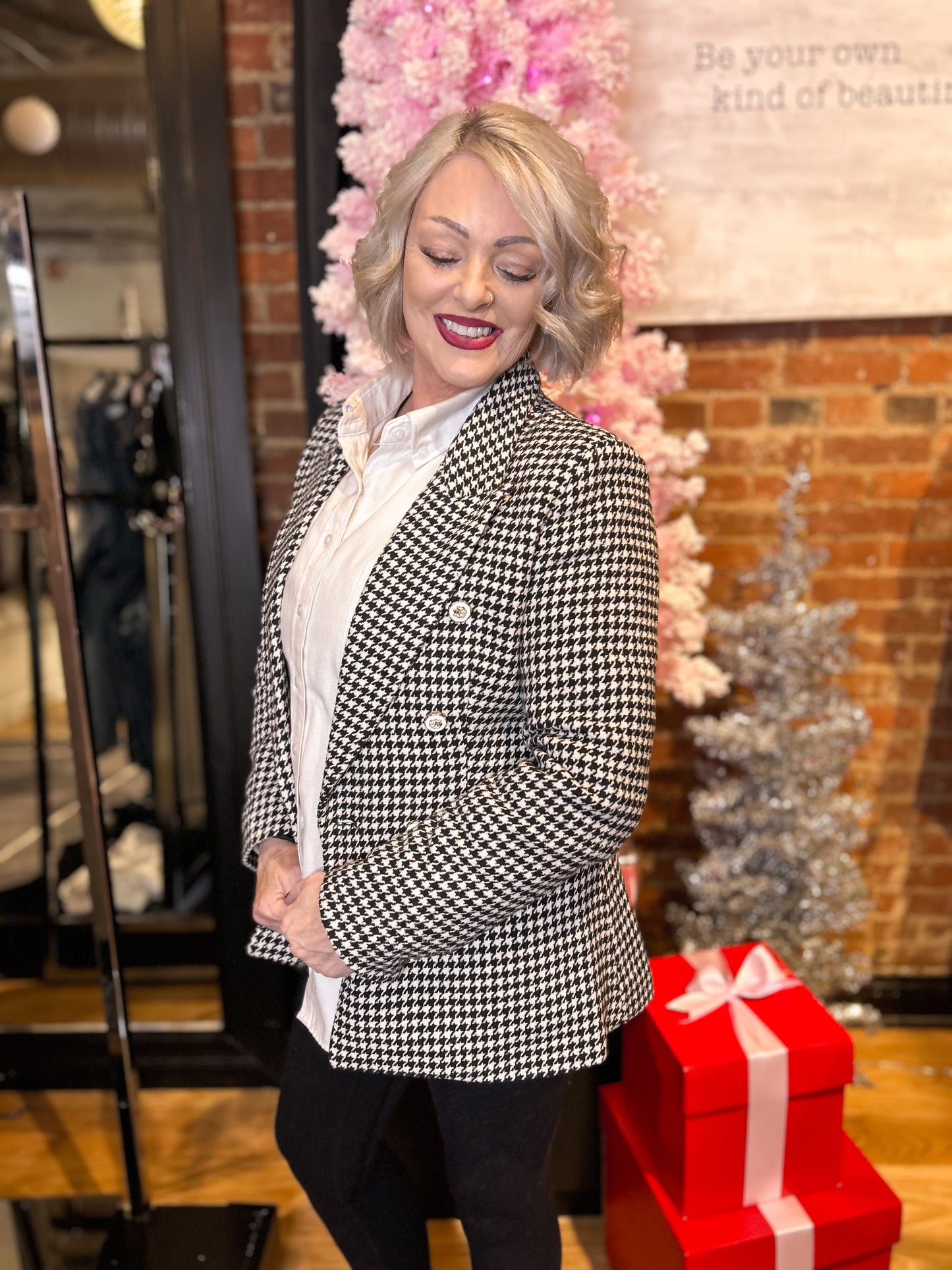 Black and White Houndstooth Blazer with Button Closure