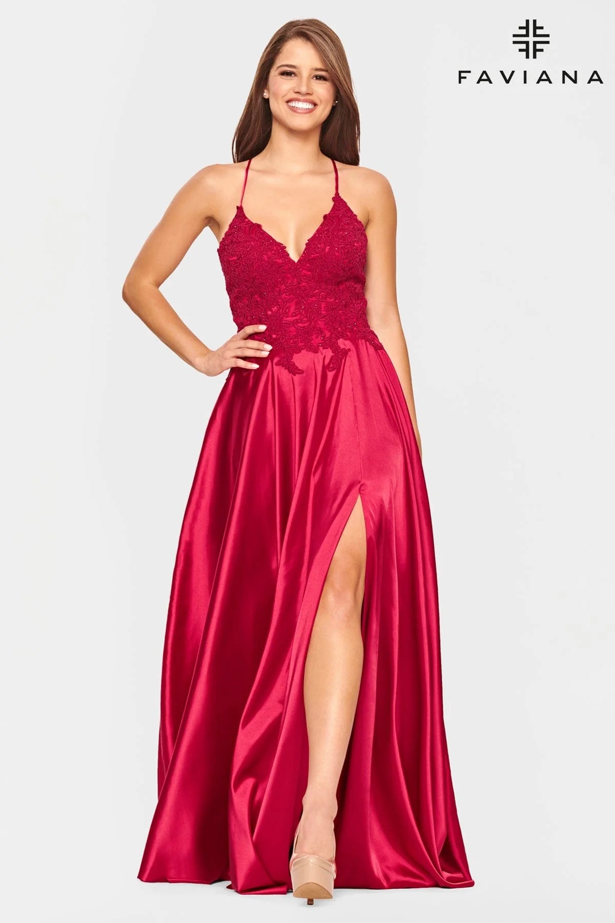 Red Long Flowy Prom Dress With Lace Bustier And Corset Back