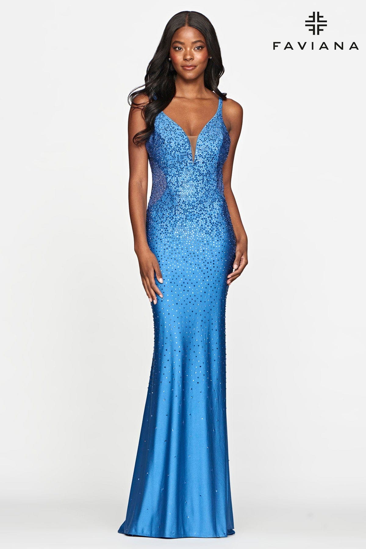 Sea Blue Beaded Open Back V Neck Dress With Rhinestones