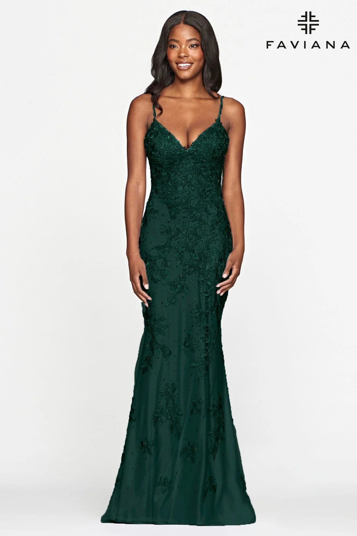 Emerald Lace Long Dress With V Neck And Lace Up Open Back